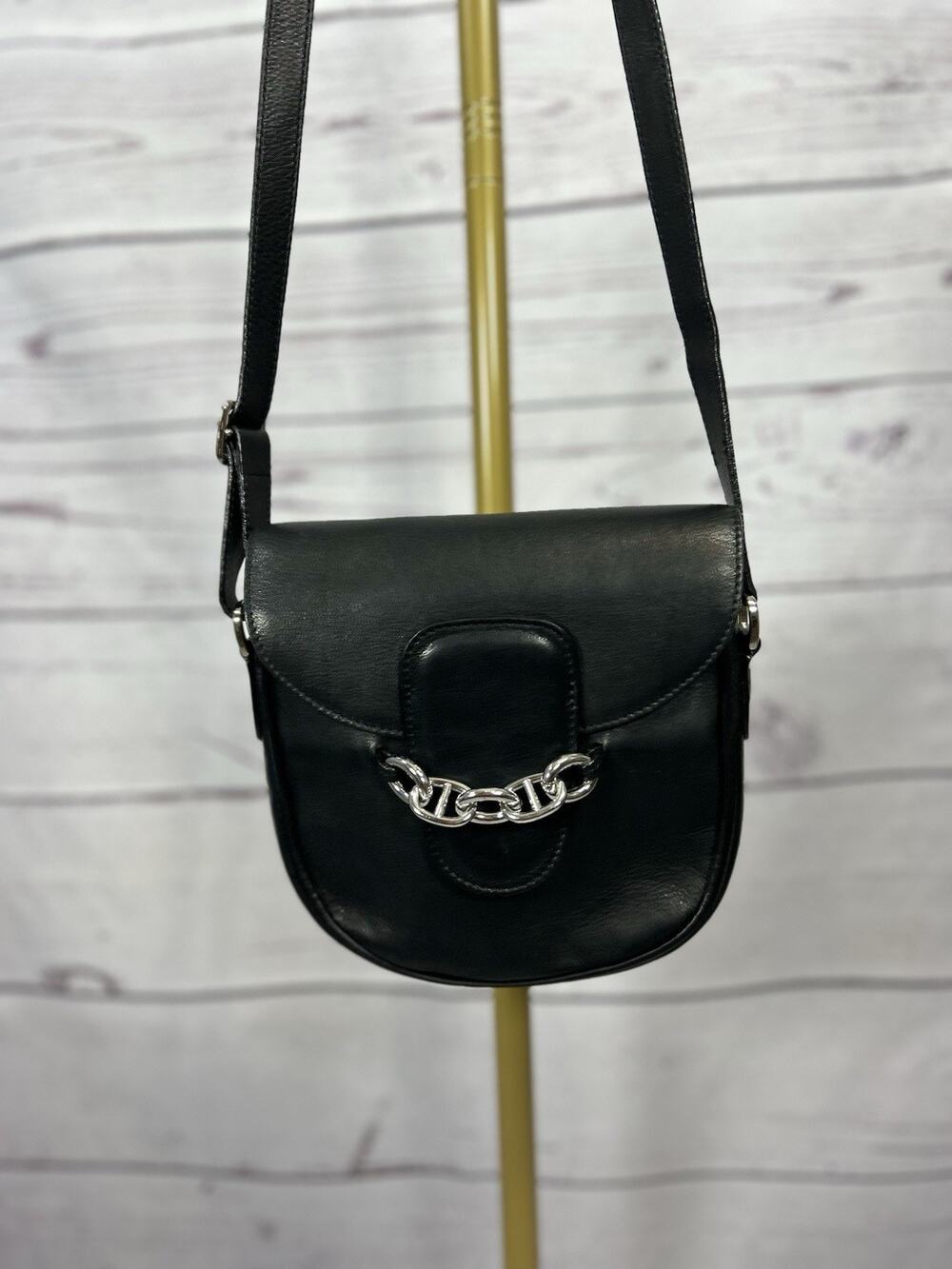 Renouard Made in France Black Leather Crossbody Bag Silver Chain Hardware